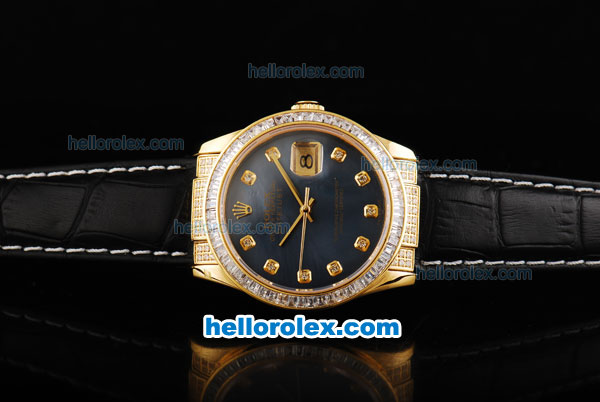 Rolex Datejust Swiss ETA 2836 Automatic Movement Black Dial with Diamond Bezel-Black Leather Strap - Click Image to Close